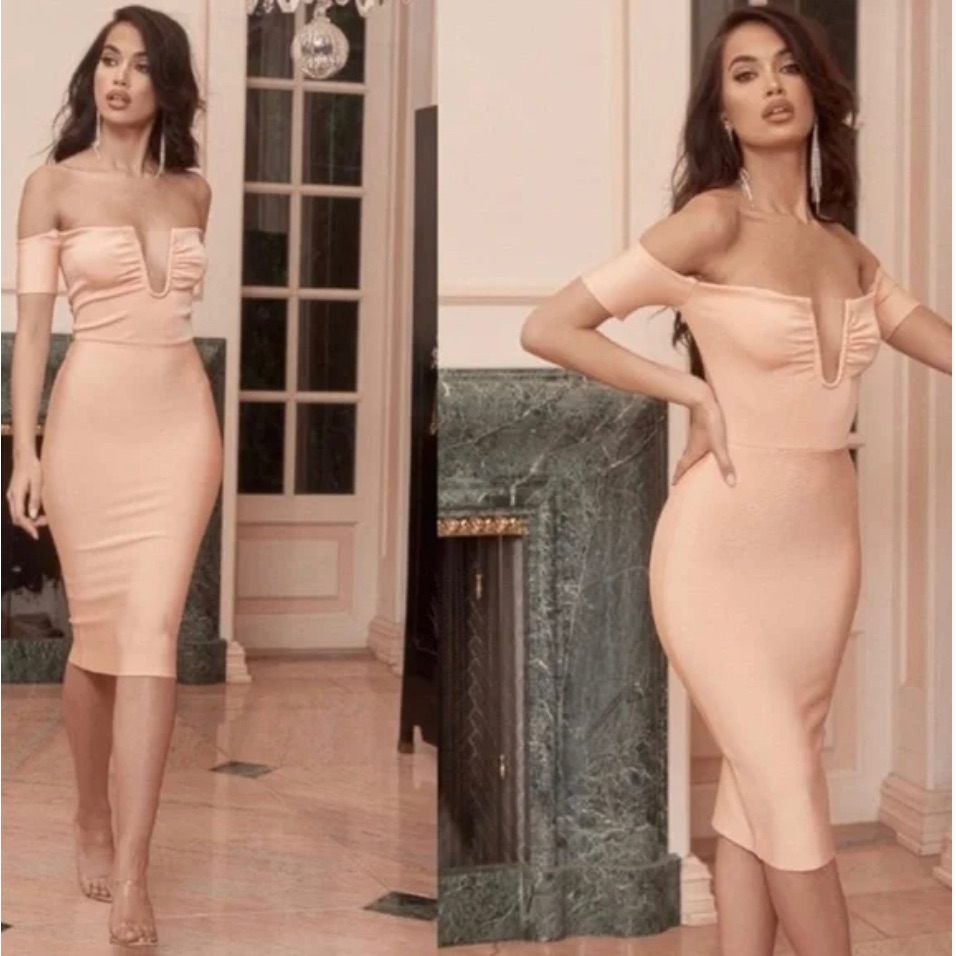 House Of Cb ‘Celia’ Peach V Wire Bandage Dress Small Us4-6 $209